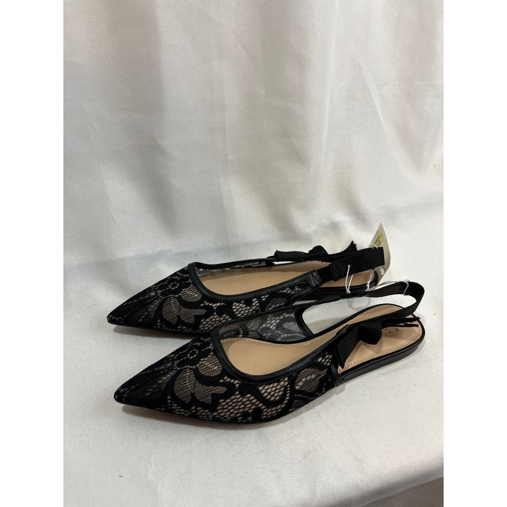 A New Day Womens Black Lace Pointed Toe Slingback Flats with Bow Detail Size 8 - Picture 1 of 6